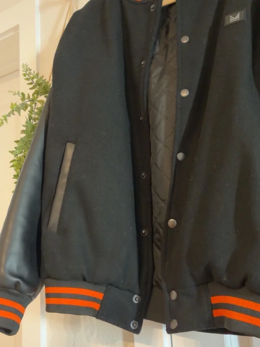 Black Varsity Jacket with Orange Stripe Trim